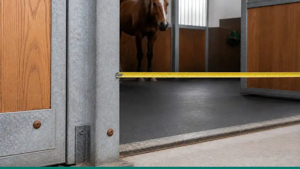 Målebånd mellem galvaniserede stolper i en hesteboks med en hest i baggrunden